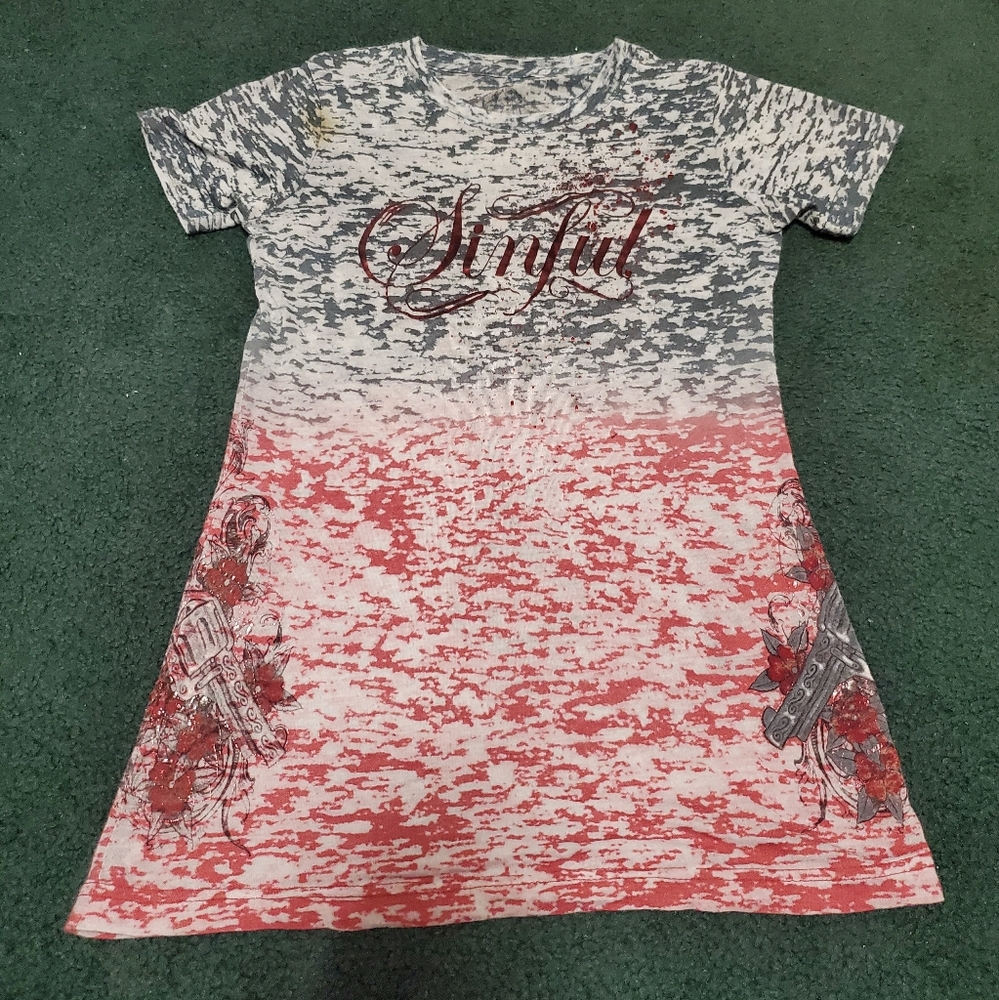 Sinful red and gray shirt.